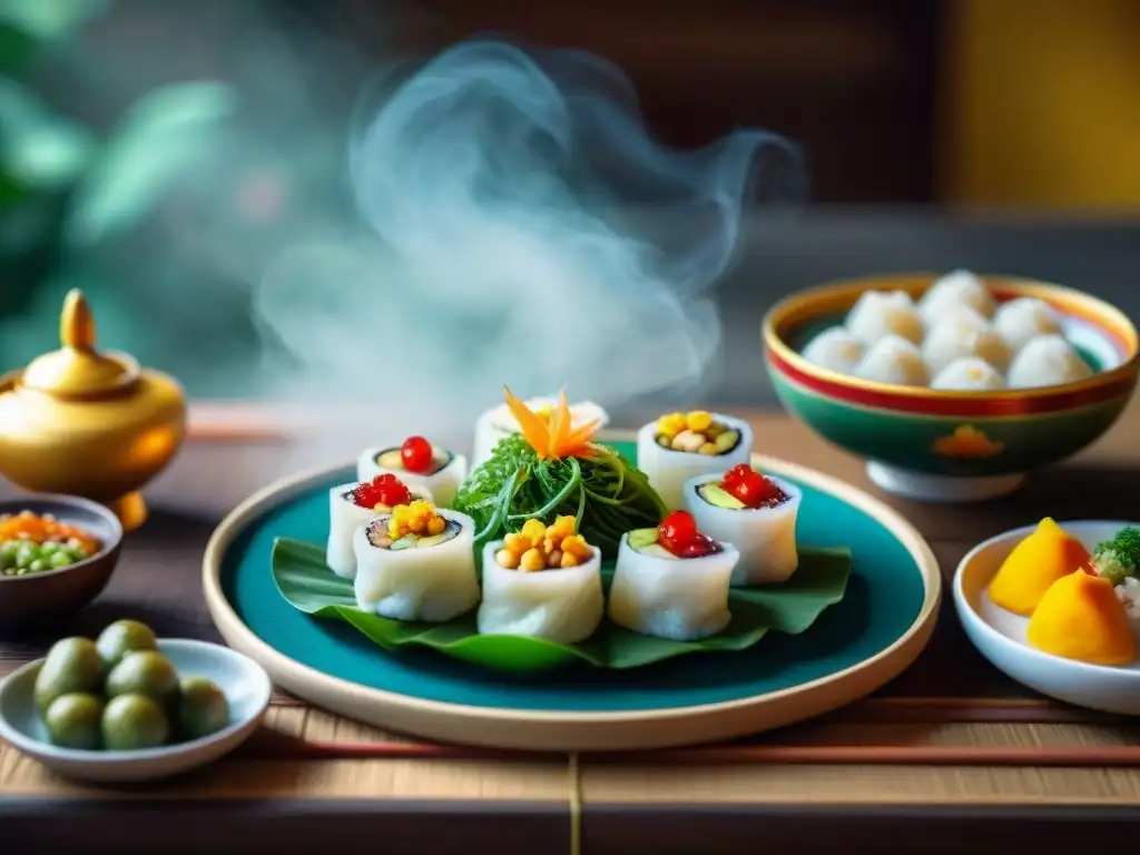 Una mesa bellamente decorada en un templo budista, con cocina vegetariana budista gourmet delicada