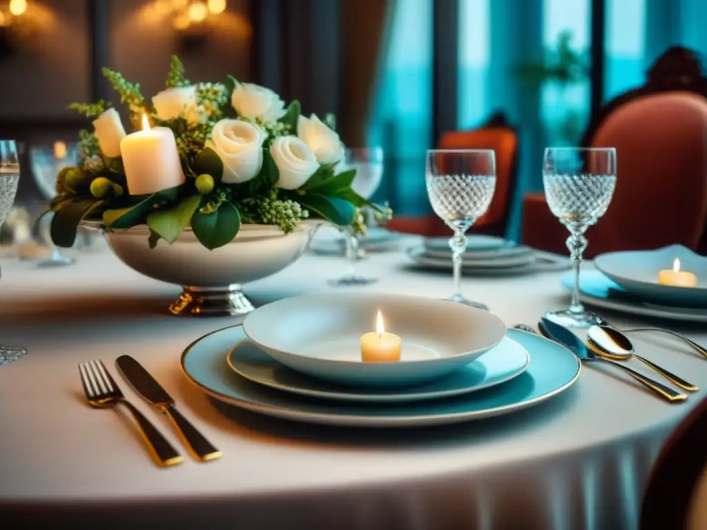 Una mesa elegantemente decorada con vajilla fina, cristalería y cubiertos de plata, rodeada de arreglos florales y velas