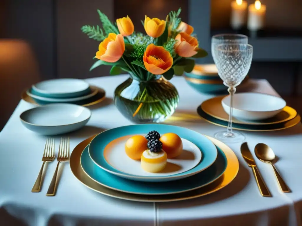 Una mesa elegantemente decorada con vajilla fina, cristalería, cubiertos de plata y arreglos florales