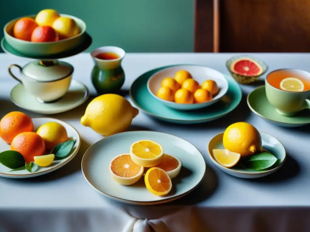 Una mesa elegantemente decorada con una variedad de tazas de té cítrico y platos ácidos, bañada en luz natural