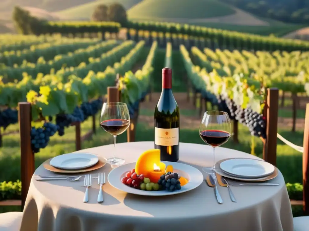 Una mesa popup elegantemente decorada en un viñedo al atardecer, con vinos y cenas gourmet