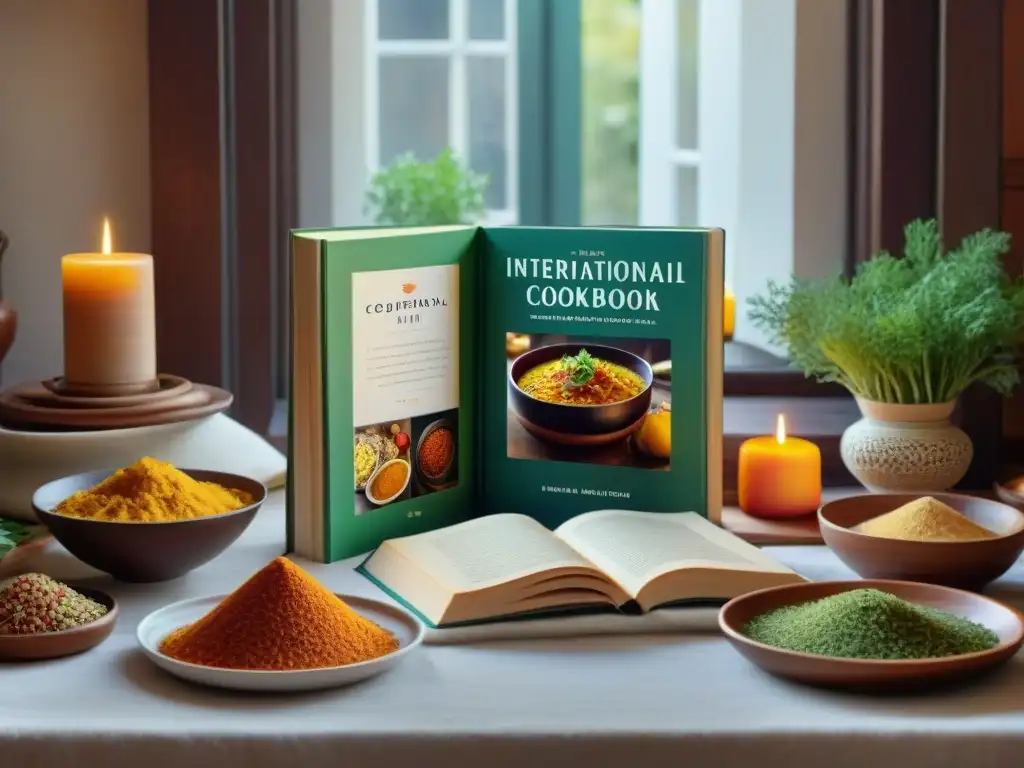 Una mesa detallada muestra libros gastronomía gourmet recomendados de distintos países, rodeados de ingredientes exóticos y una atmósfera acogedora