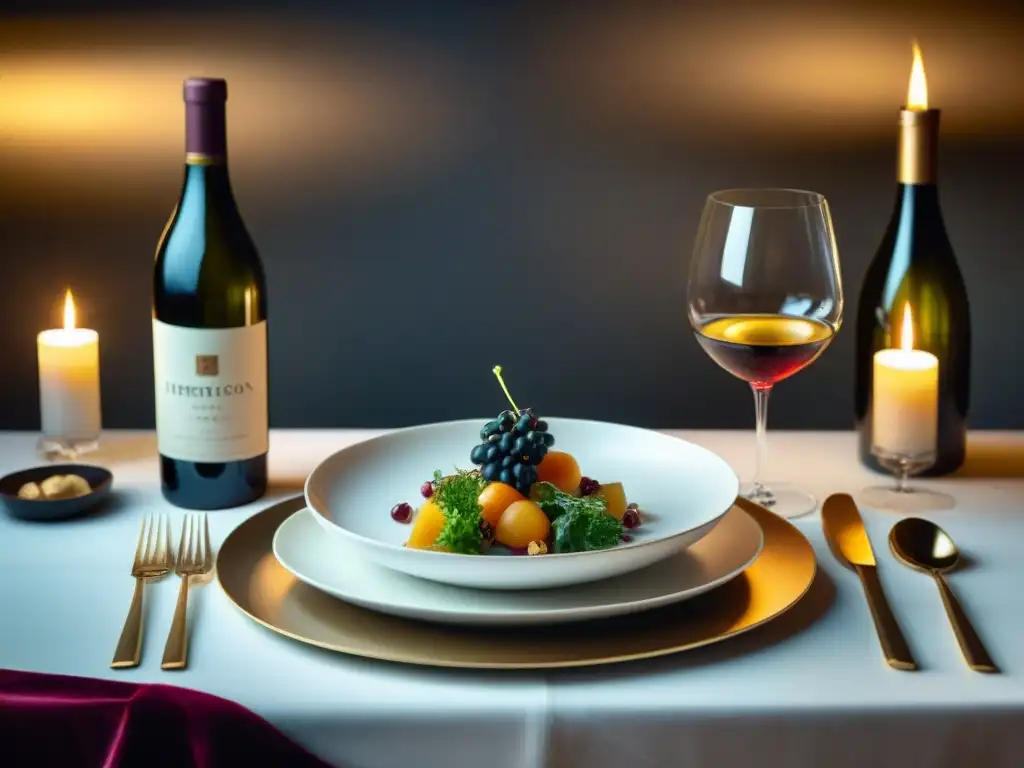 Una mesa elegantemente dispuesta con vinos, platos gourmet y copas de cristal iluminada por velas