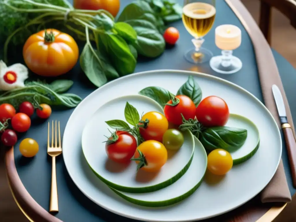 Una mesa elegante con alimentos orgánicos en alta gastronomía, colores vibrantes y texturas intrincadas