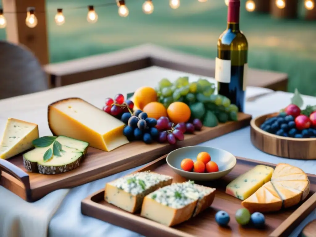 Una mesa elegante de alimentos orgánicos en un evento sostenible, con vino y comida, iluminada por luces cálidas