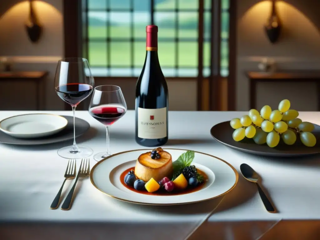 Exquisita armonía: mesa de lujo con vinos y gourmet Una mesa elegante arreglada con vajilla fina, copas de cristal y exquisitos platillos, todo maridado con distintas botellas de vino