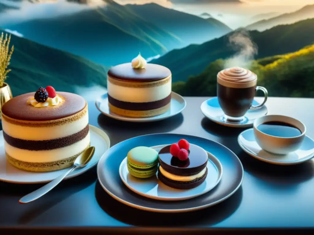 Una mesa elegante con café gourmet y postres deliciosos: tiramisú, lava de chocolate y macarons