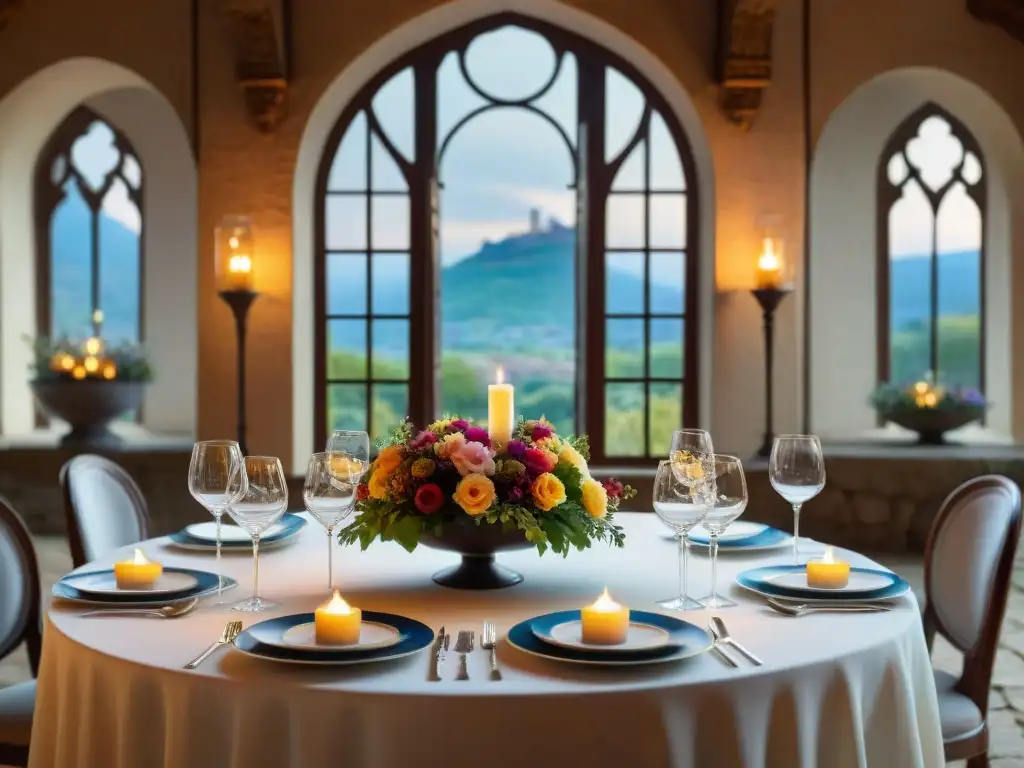 Una mesa elegante en un castillo antiguo con velas, cubiertos y flores