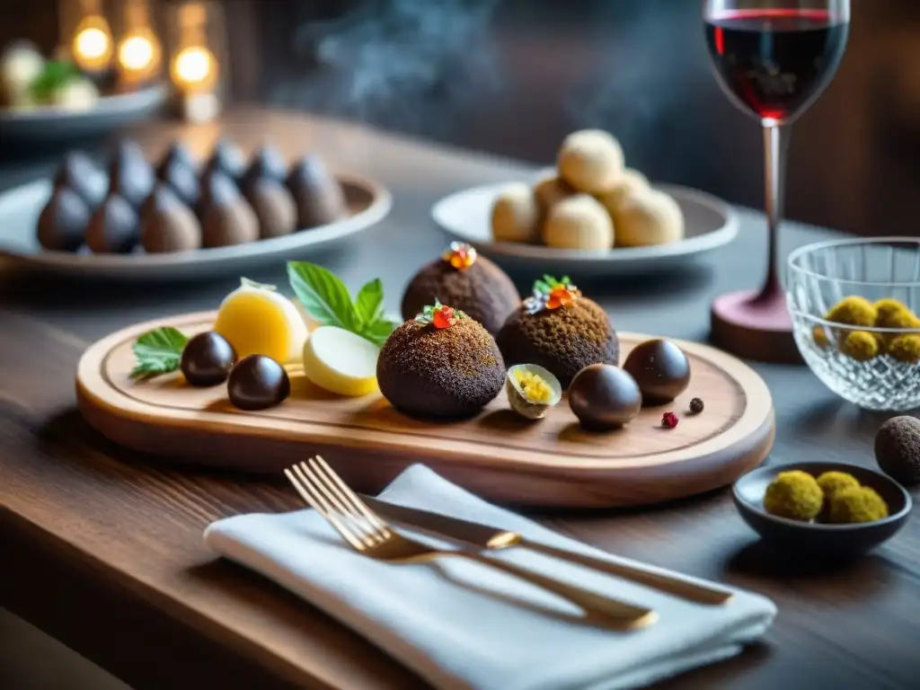 Una mesa elegante de catas con exquisitos platos de trufa, vinos y maridajes trufas setas gourmet