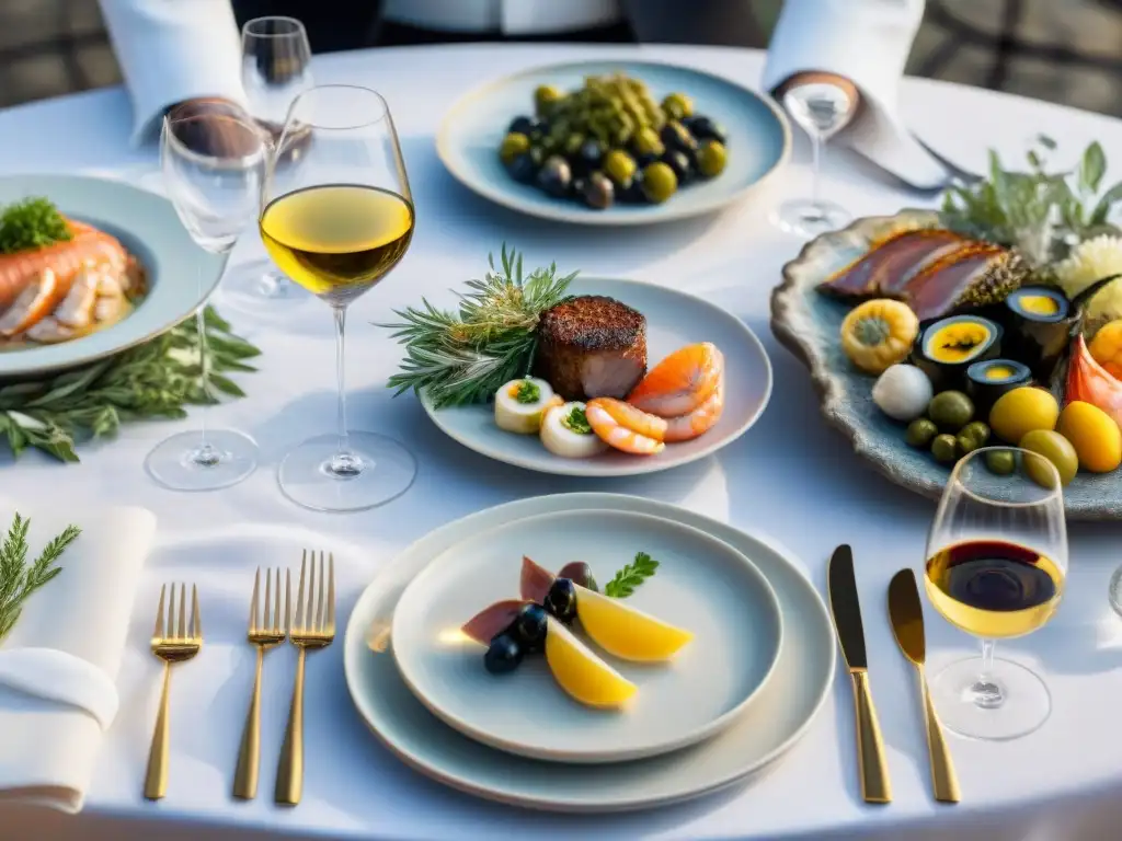 Una mesa elegante para catas privadas de alimentos gourmet sensory, con exquisita decoración y platos sofisticados