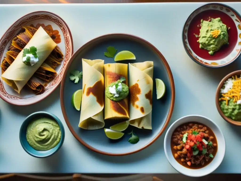 Una mesa elegante con cena mexicana fusión y vinos para cena mexicana fusión, iluminada por luz de velas