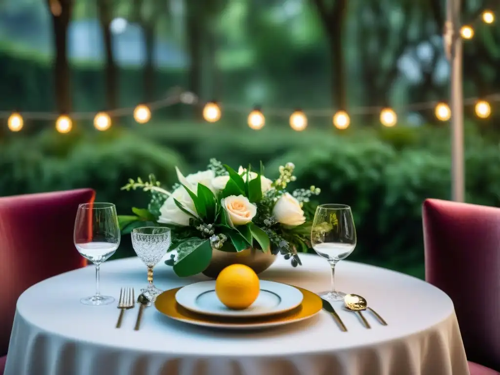 Mesa elegante para Cena PopUp Organización Secretos, con centro de mesa floral y decoración de lujo bajo luces de hadas y vegetación exuberante