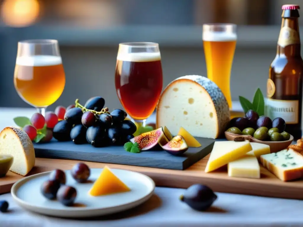 Una mesa elegante con cervezas artesanales y aperitivos gourmet, maridajes innovadores gourmet sorprendentes