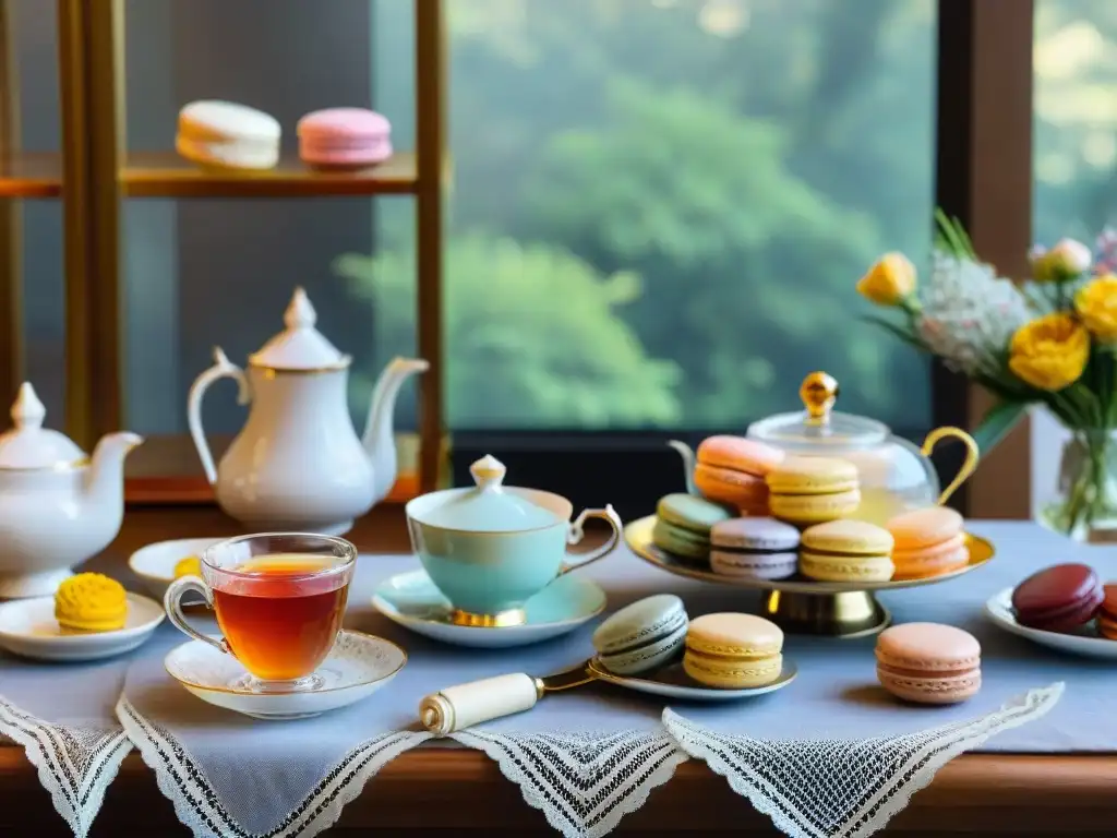 Mesa elegante para organizar degustación té y comida con tazas delicadas, macarons coloridos, scones frescos y flores de té en teteras de cristal