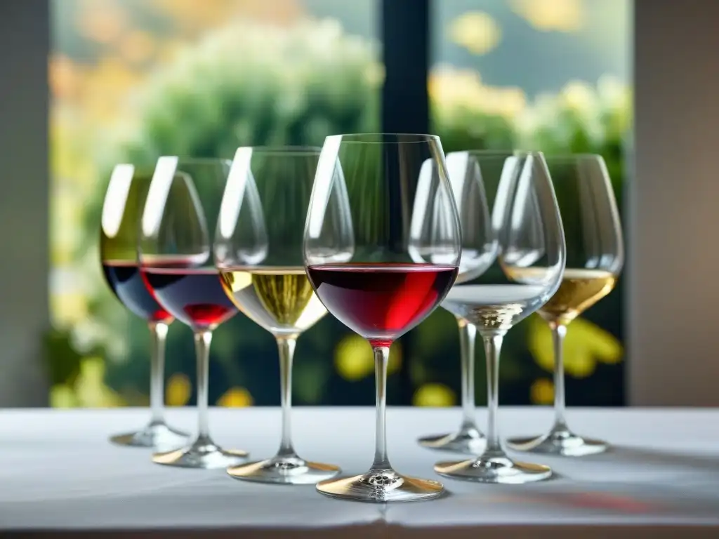 Una mesa elegante con copas de vino sensorial gourmet correctas, resplandeciendo bajo la luz natural