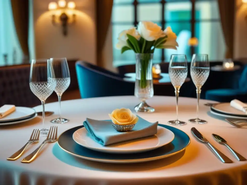 Una mesa elegante de alta gastronomía con cristalería brillante, cubiertos de plata y exquisitos centros florales en un restaurante de lujo