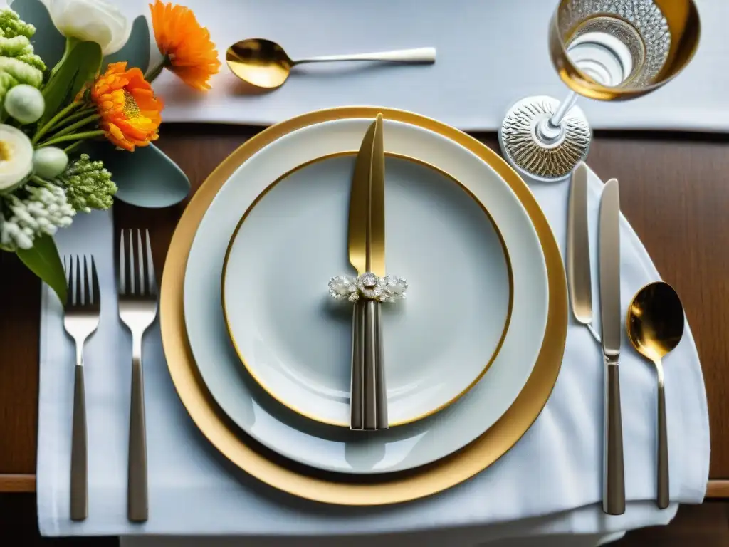 Una mesa elegante con cubiertos de plata y acero inoxidable, cristalería fina y flores frescas