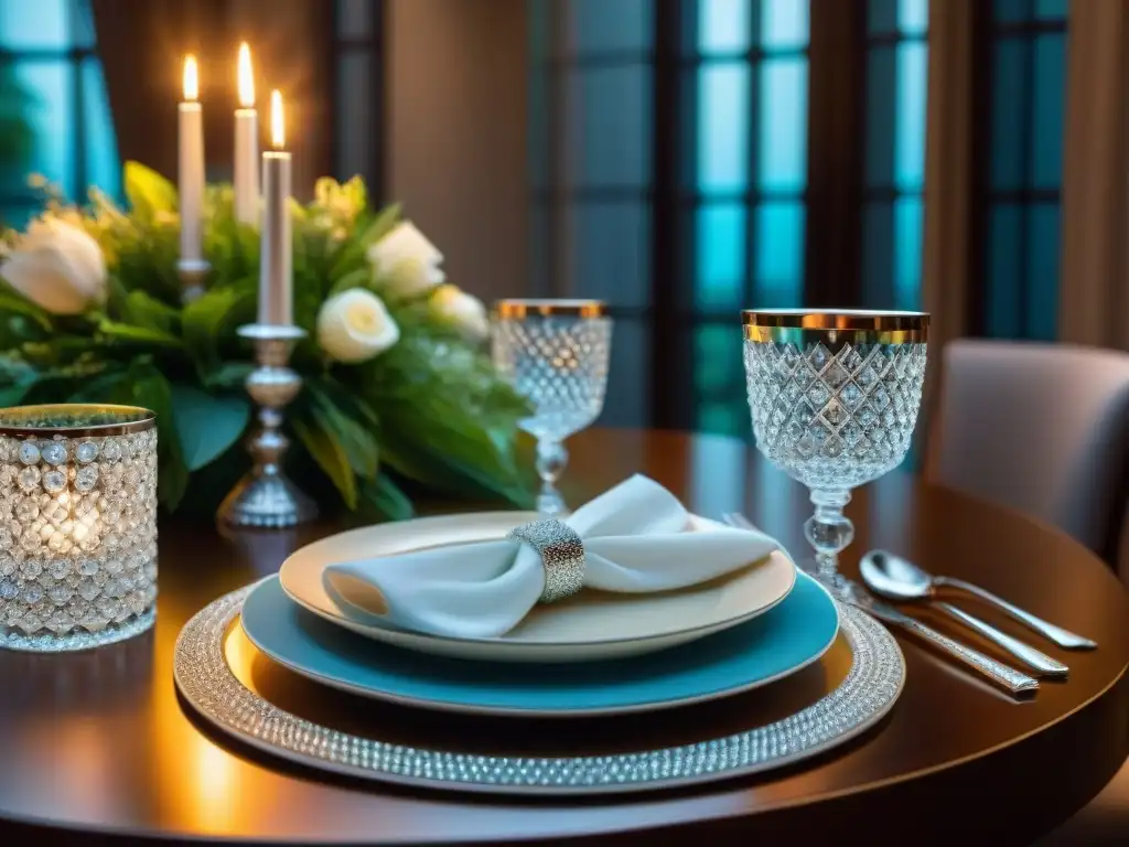 Una mesa elegante con cubiertos refinados y cristalería brillante reflejando la luz de las velas