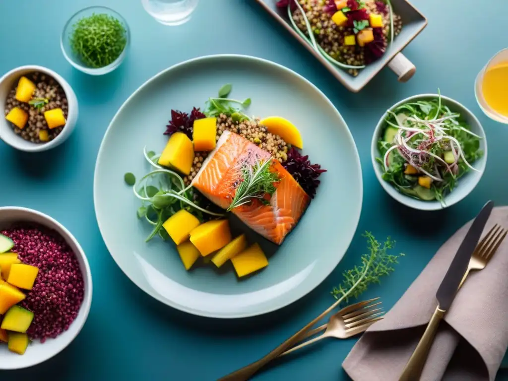 Una mesa elegante con deliciosas recetas gourmet saludables corazón: salmón con salsa de mango, quinoa, carpaccio y agua cítrica