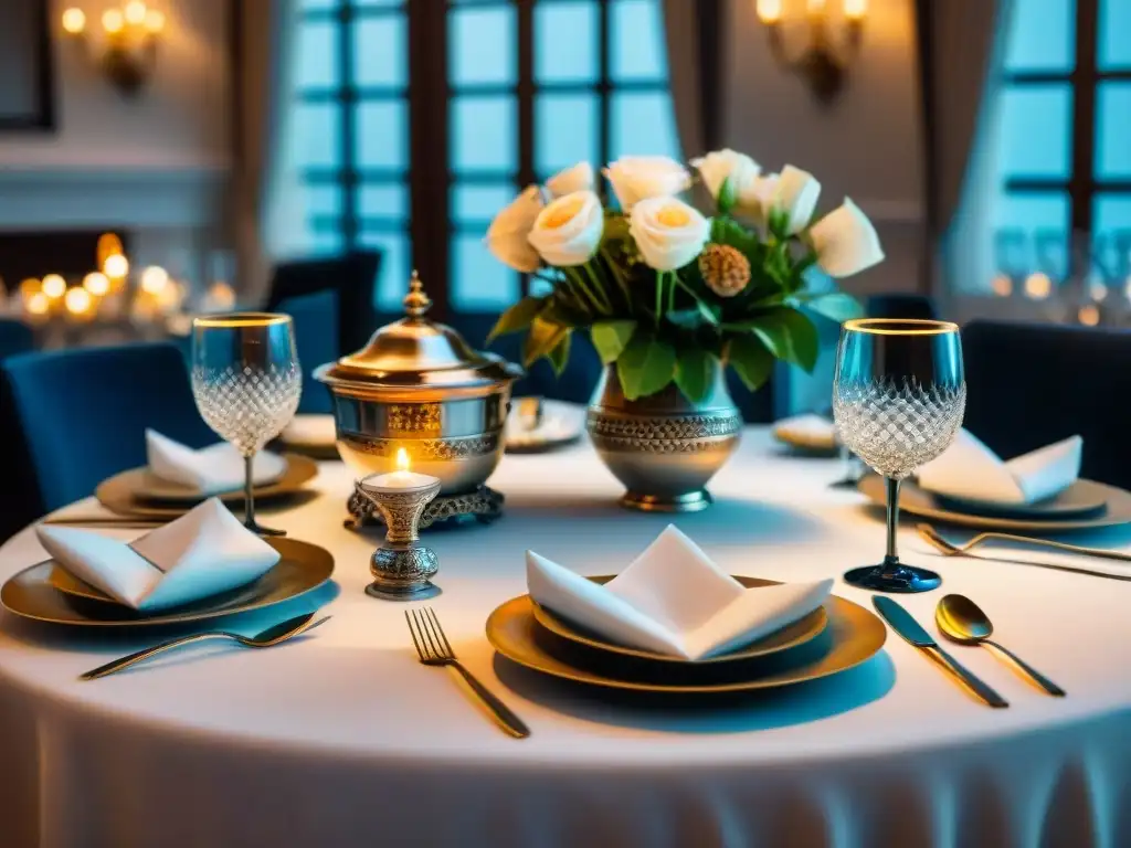 Mesa de cena elegante y lujosa para evento formal Una mesa elegante y detallada lista para un evento formal, con fina vajilla, copas de cristal, cubiertos de plata y centros florales