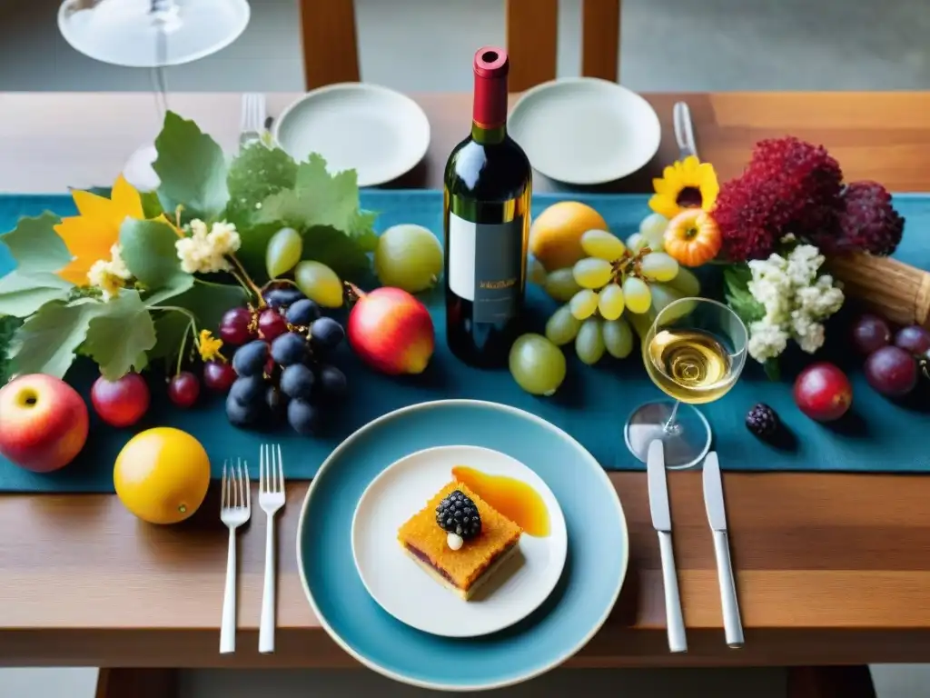 Una mesa elegante y detallada con maridajes de temporada gourmet y vinos, representando la primavera, verano, otoño e invierno