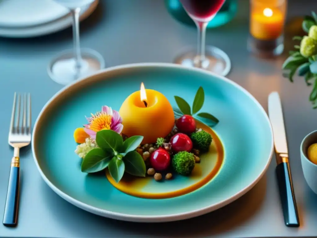 Una mesa de elegante fine dining con un exquisito plato gourmet en el centro, destacando la importancia del color en gastronomía