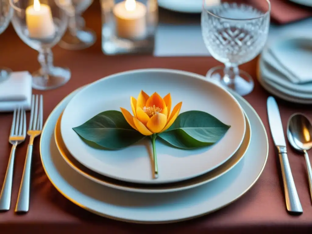 Una mesa elegante con diseños de servilletas de tela gourmet alto, vajilla fina y arreglos florales exquisitos