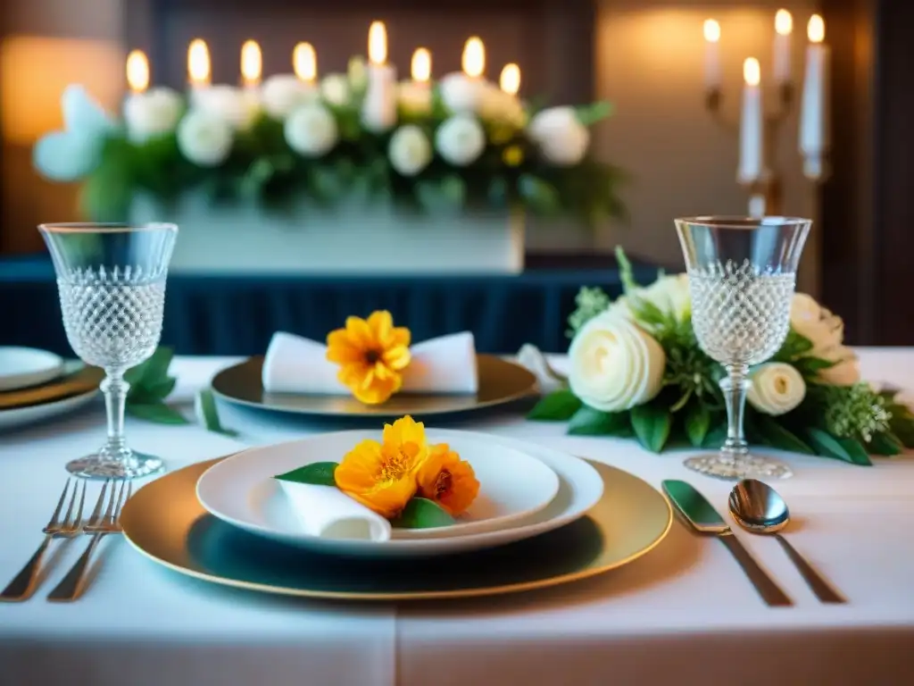 Una mesa elegante para un evento gourmet, con cristalería de lujo y centros florales exquisitos