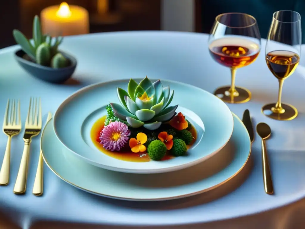 Una mesa elegante con una exquisita carne gourmet como centro, decorada con hierbas y flores comestibles, irradiando sofisticación y arte culinario