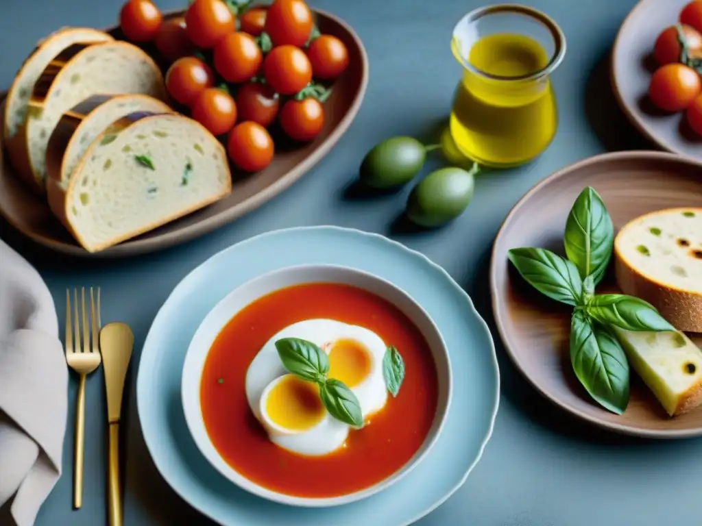 Una mesa elegante con una exquisita sopa fría de Salmorejo y ingredientes gourmet