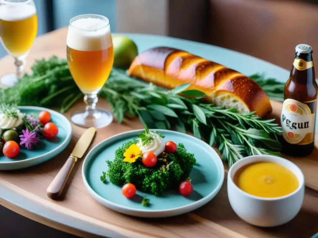 Una mesa elegante con exquisitas combinaciones cervezas veganas gourmet, platos coloridos y cervezas artesanales veganas