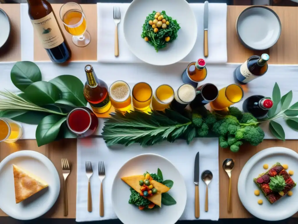 Una mesa elegante con exquisitas combinaciones de cervezas veganas gourmet y platillos veganos artísticos