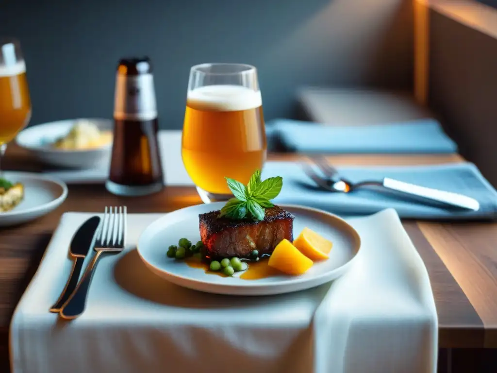 Una mesa elegante con exquisitas comidas gourmet maridadas con cerveza artesanal, creando una experiencia culinaria armónica