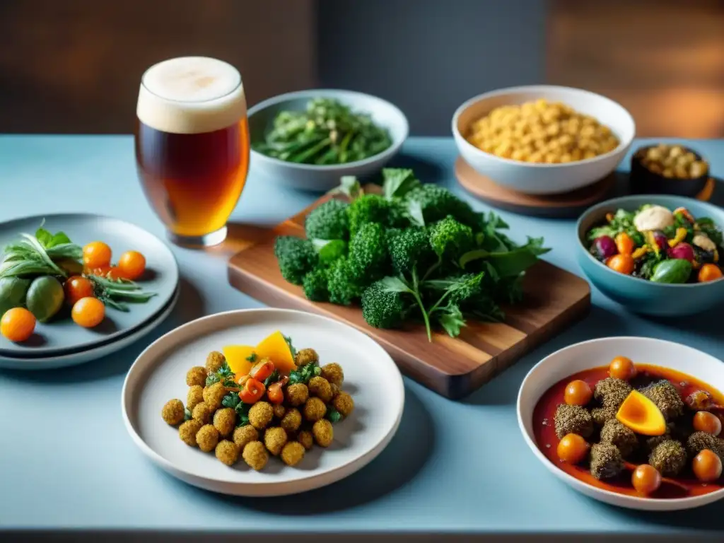 Una mesa elegante con exquisitas comidas veganas y cervezas artesanales, resaltando las combinaciones gourmet