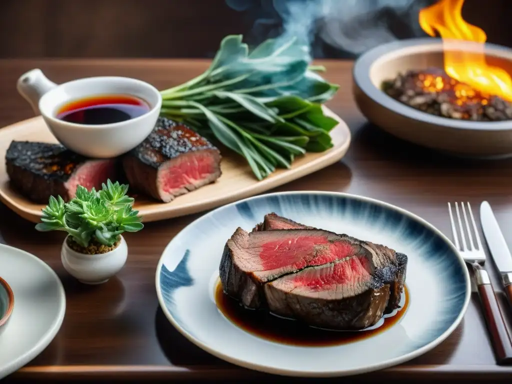 Una mesa elegante con un exquisito té de puerh y un jugoso filete de carne roja