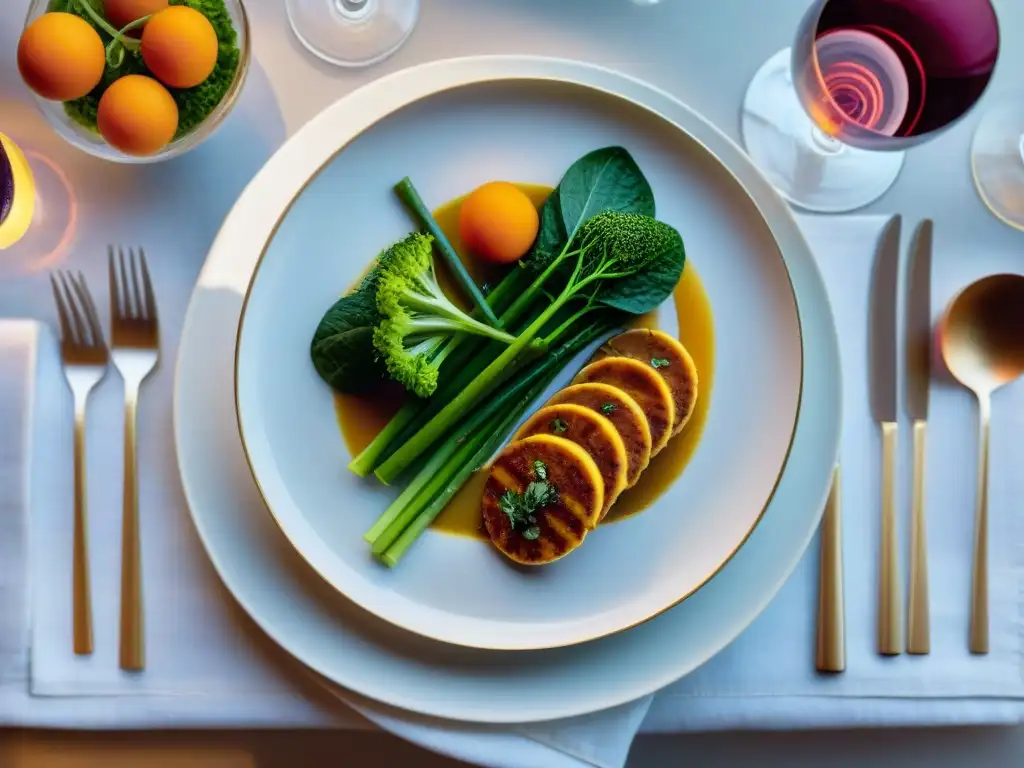 Una mesa elegante con exquisitos platillos veganos, creando una atmósfera de lujo