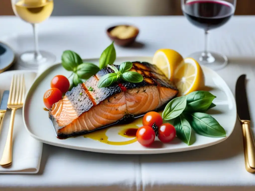 Una mesa elegante con exquisitos platos y vino perfecto para cada plato