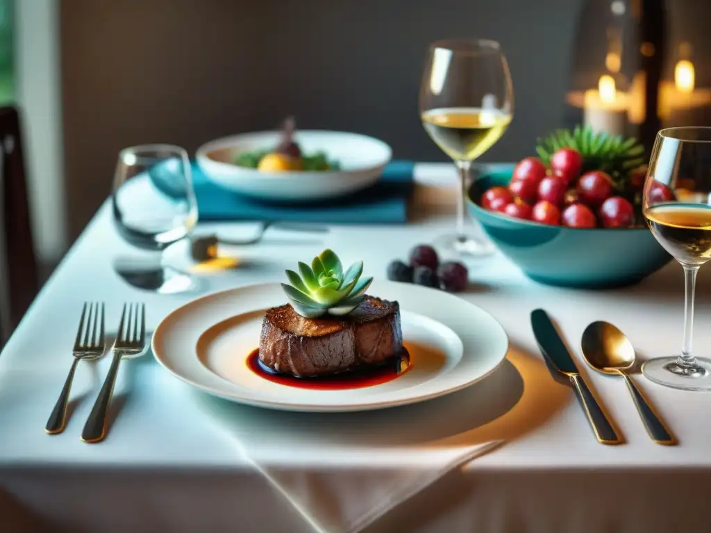 Una mesa elegante con exquisitos platos y copas cristalinas, bañada en cálida luz ambiente