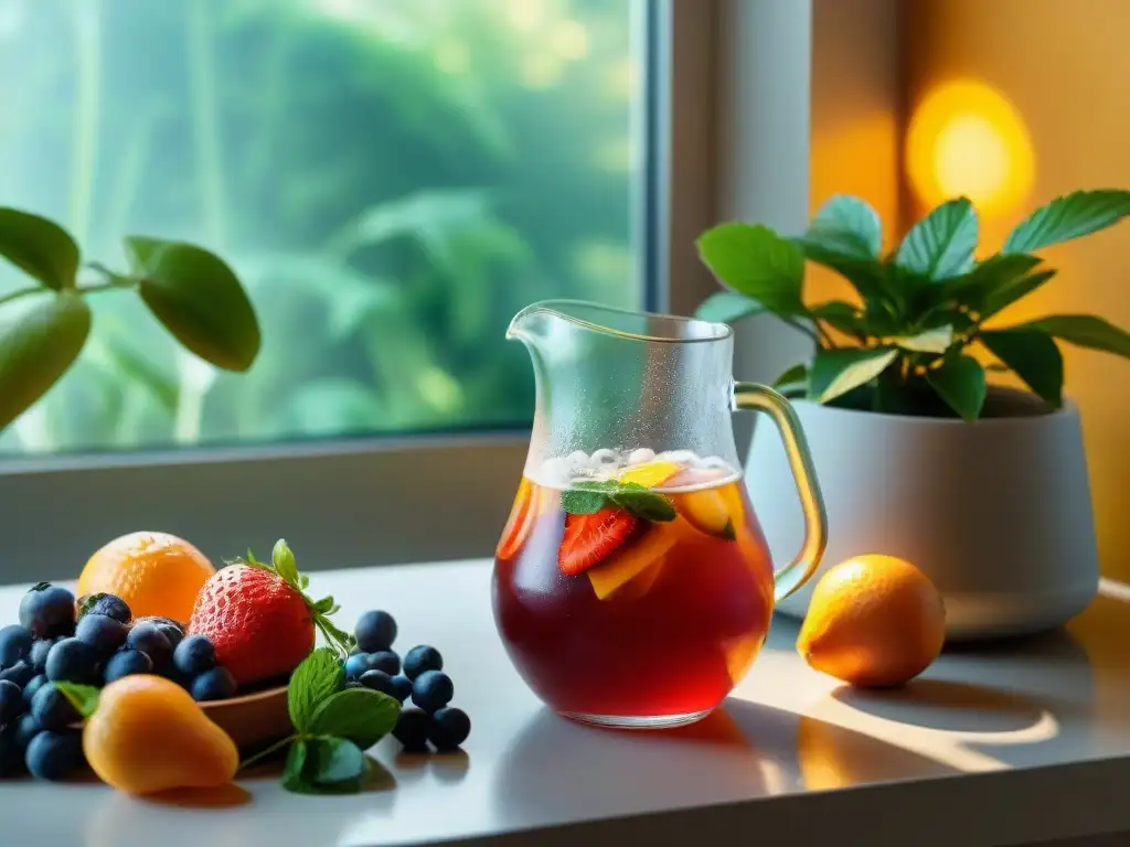 Exquisita mesa con Kombucha dorada y frutas frescas Una mesa elegante con jarra de Kombucha dorada rodeada de frutas frescas y plantas verdes vibrantes