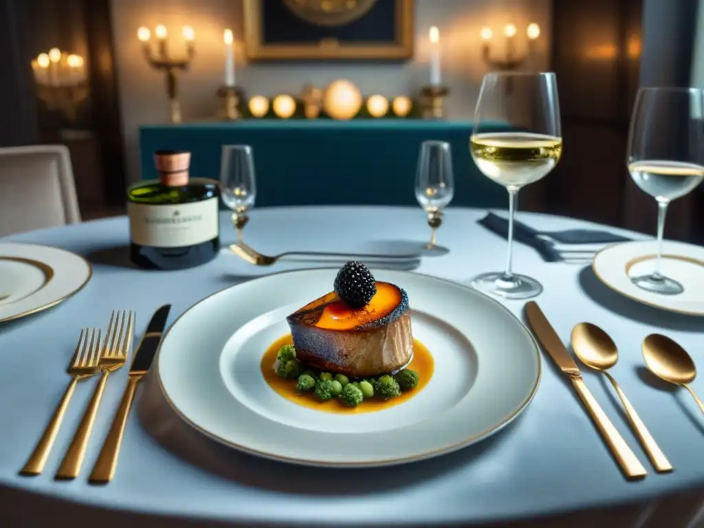 Una mesa elegante lista para un evento de maridajes de vino y comida con fina vajilla, cristalería y cubiertos