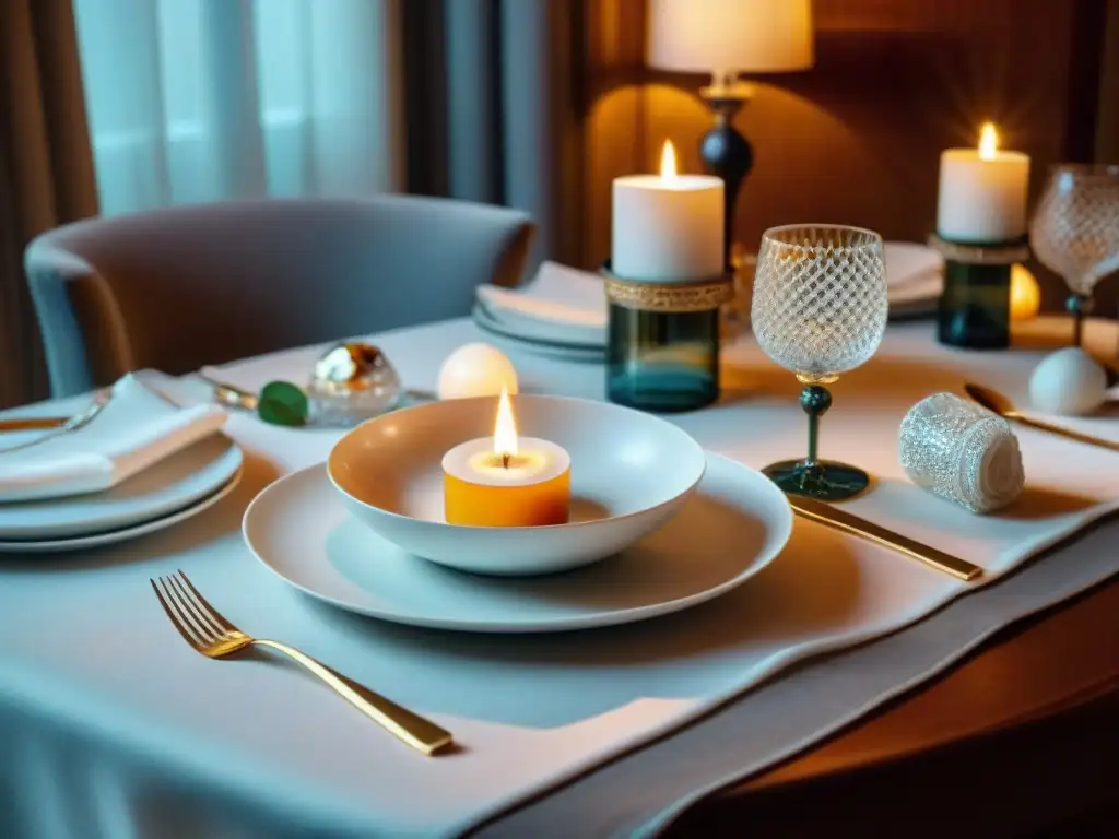 Una mesa elegante y lujosa con textiles de mesa para gourmet, vajilla de porcelana y cristalería brillante bajo la luz de las velas