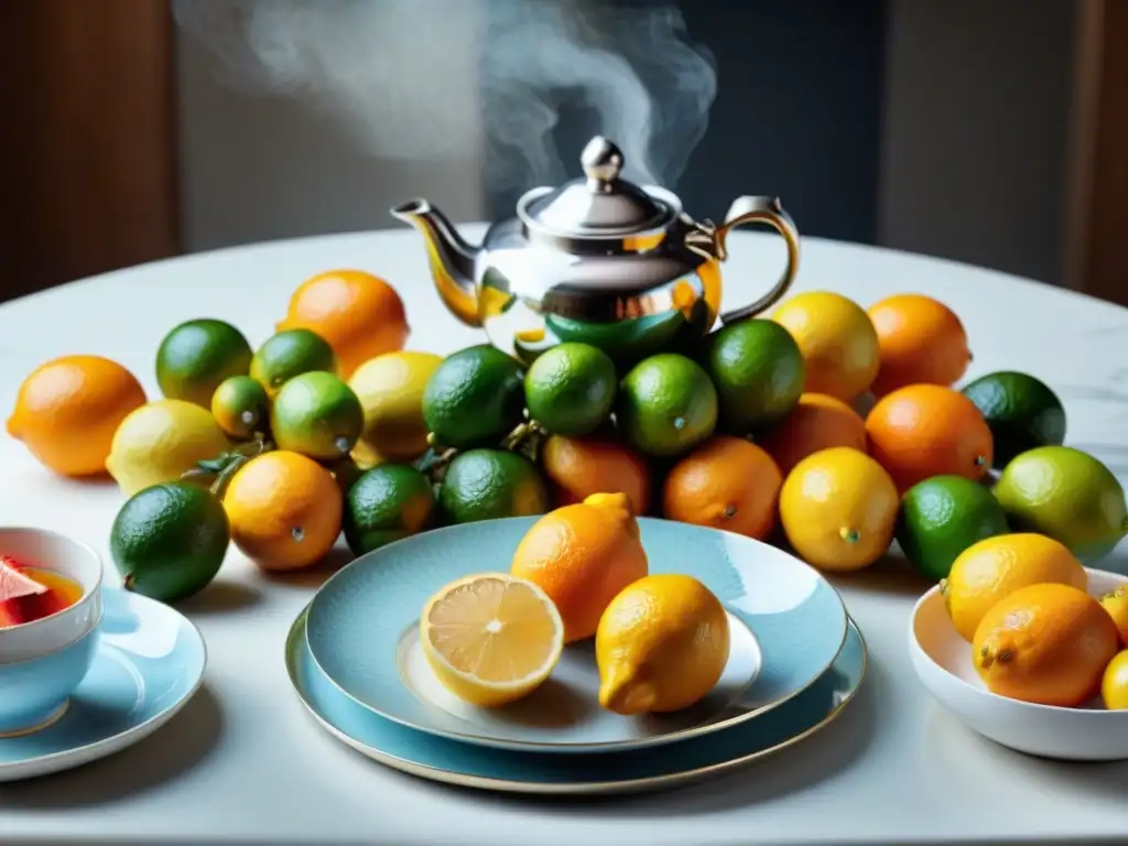 Una mesa elegante con un maridaje de té y platos ácidos, destacando cítricos y porcelana fina en su entorno luminoso