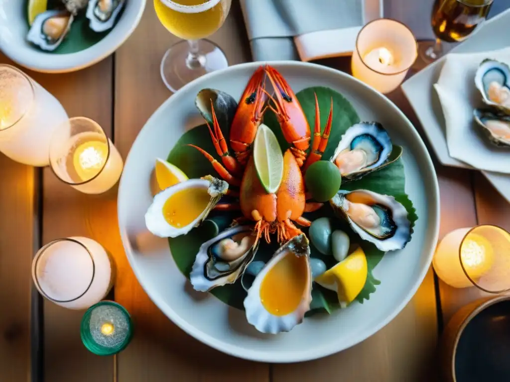 Una mesa elegante con mariscos y cervezas marida perfecto, bañados en luz cálida