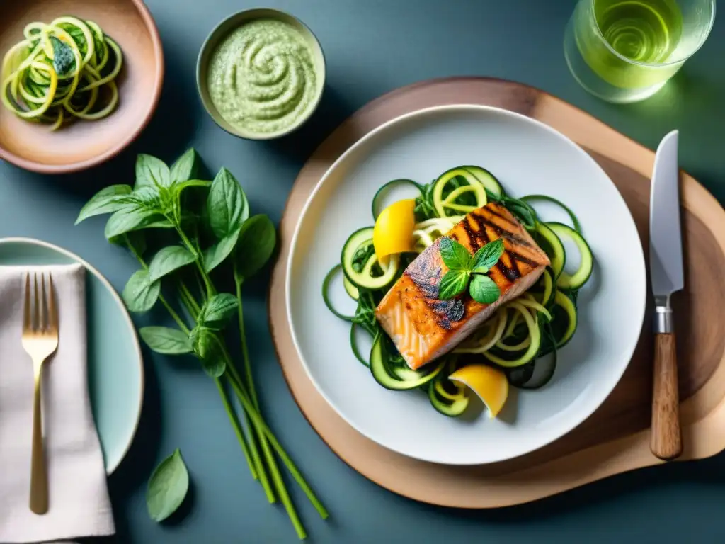 Exquisita mesa keto con plato blanco elegante Una mesa elegante con plato blanco lleno de platillos keto gourmet coloridos, en un escenario sofisticado de dieta Keto gourmet cetosis estilo