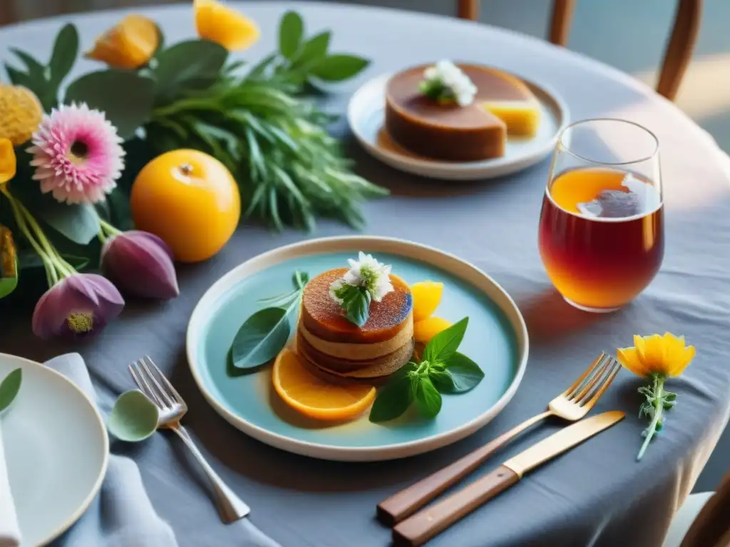 Una mesa elegante con platos gourmet y kombucha, ideal para un maridaje perfecto