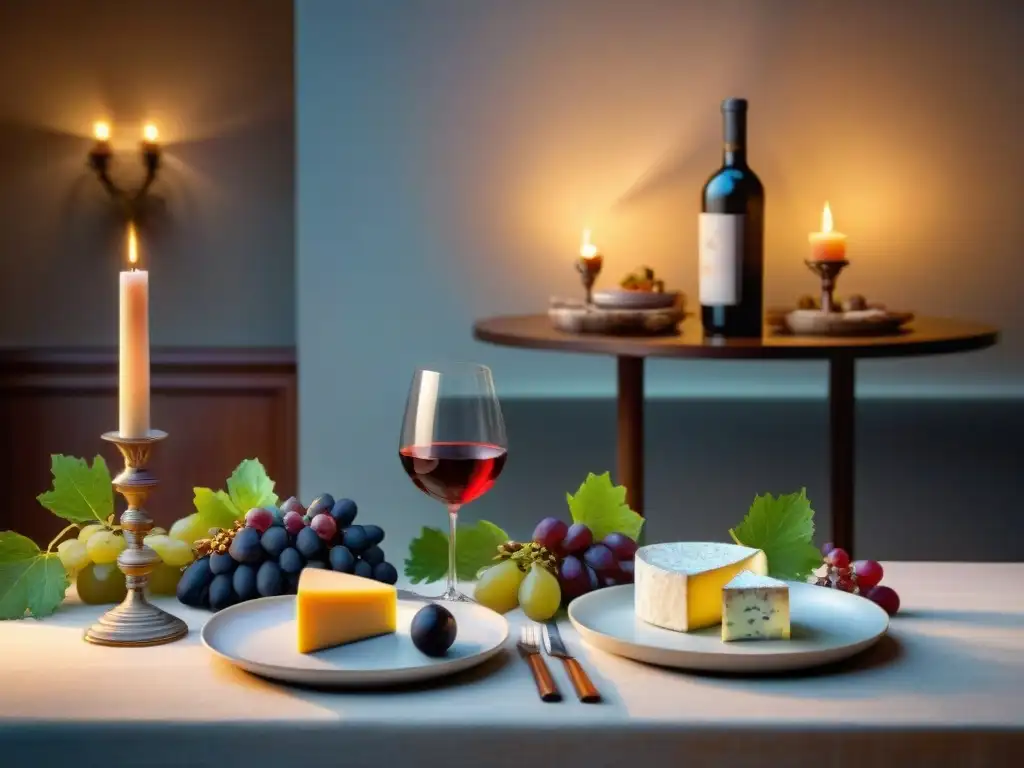 Una mesa elegante preparada para una cena gourmet con maridajes de vinos europeos, quesos y uvas, iluminada por una vela