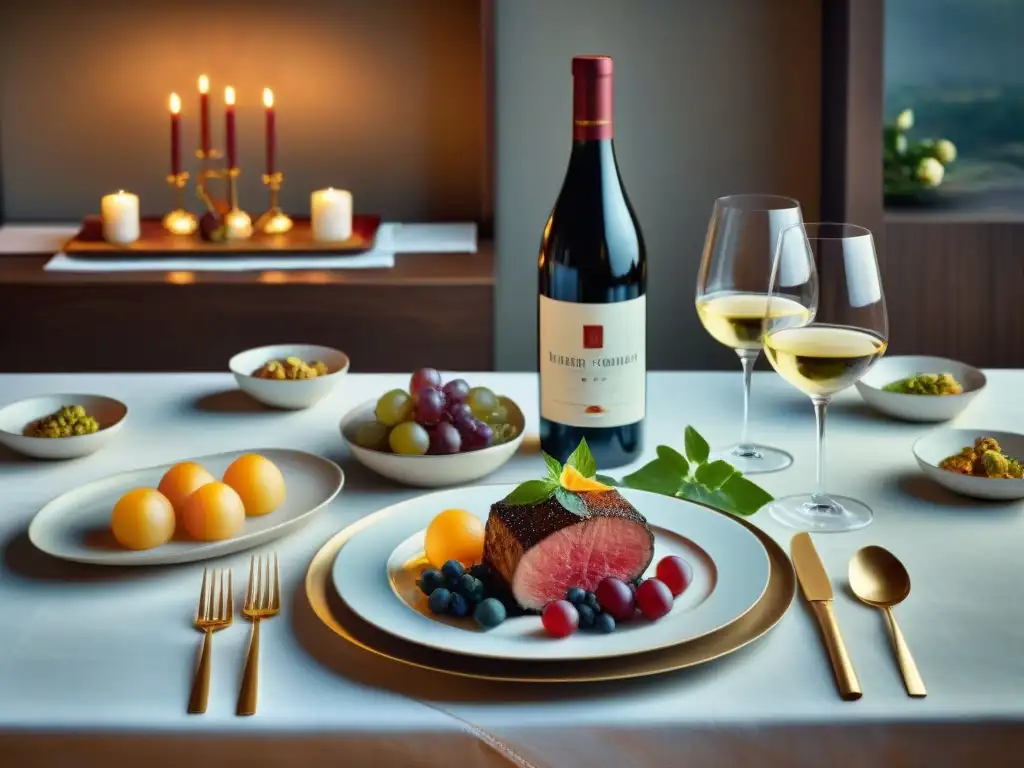 Exquisita mesa de cena para maridaje gourmet Una mesa elegante preparada para una experiencia gourmet de maridaje de comidas y vinos, iluminada por velas