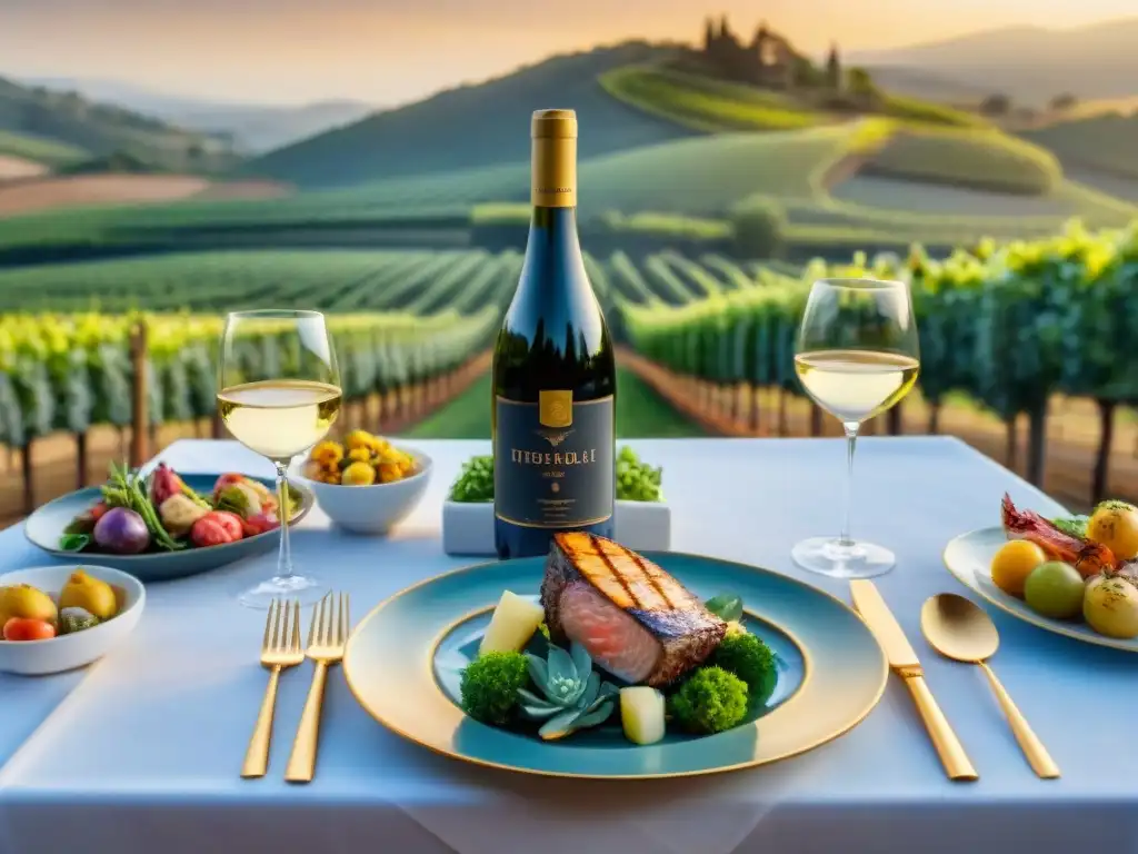 Una mesa elegante preparada con exquisitos platos y copas de cristal, rodeada de viñedos al atardecer