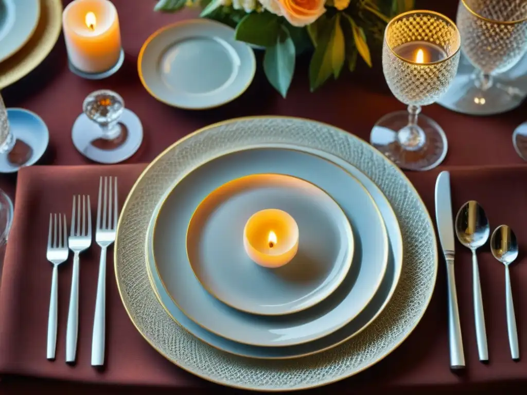 Exquisita mesa de comedor elegante y detallada Una mesa elegante preparada con fina vajilla, cristalería y cubiertos de plata, iluminada por velas