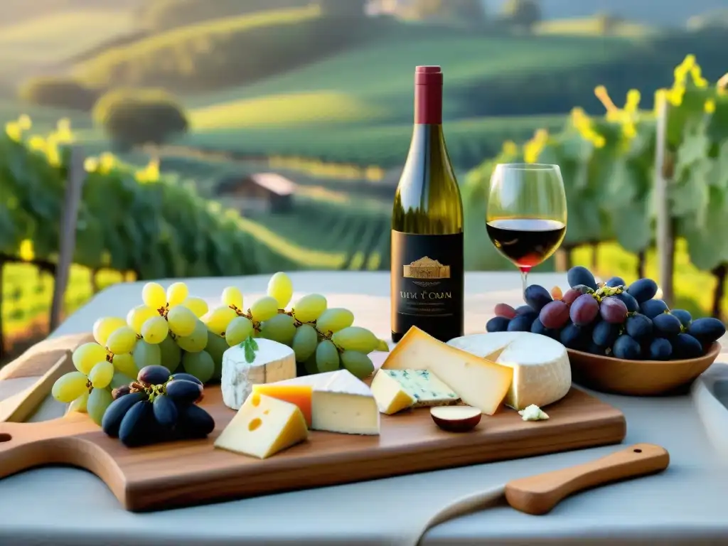 Una mesa elegante con quesos veganos y vinos orgánicos en una viña al atardecer